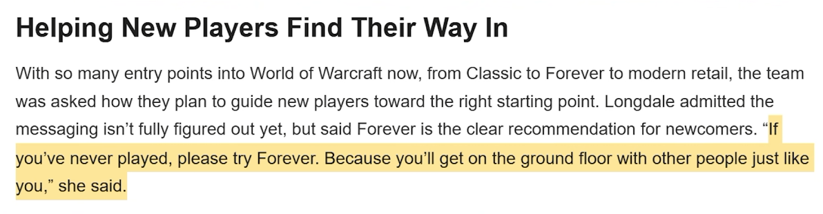 Capture d'écran de l'interview Warcraft Tavern, avec le passage où Holly Longdale invite les nouveaux joueurs à essayer Forever mis en surbrillance.