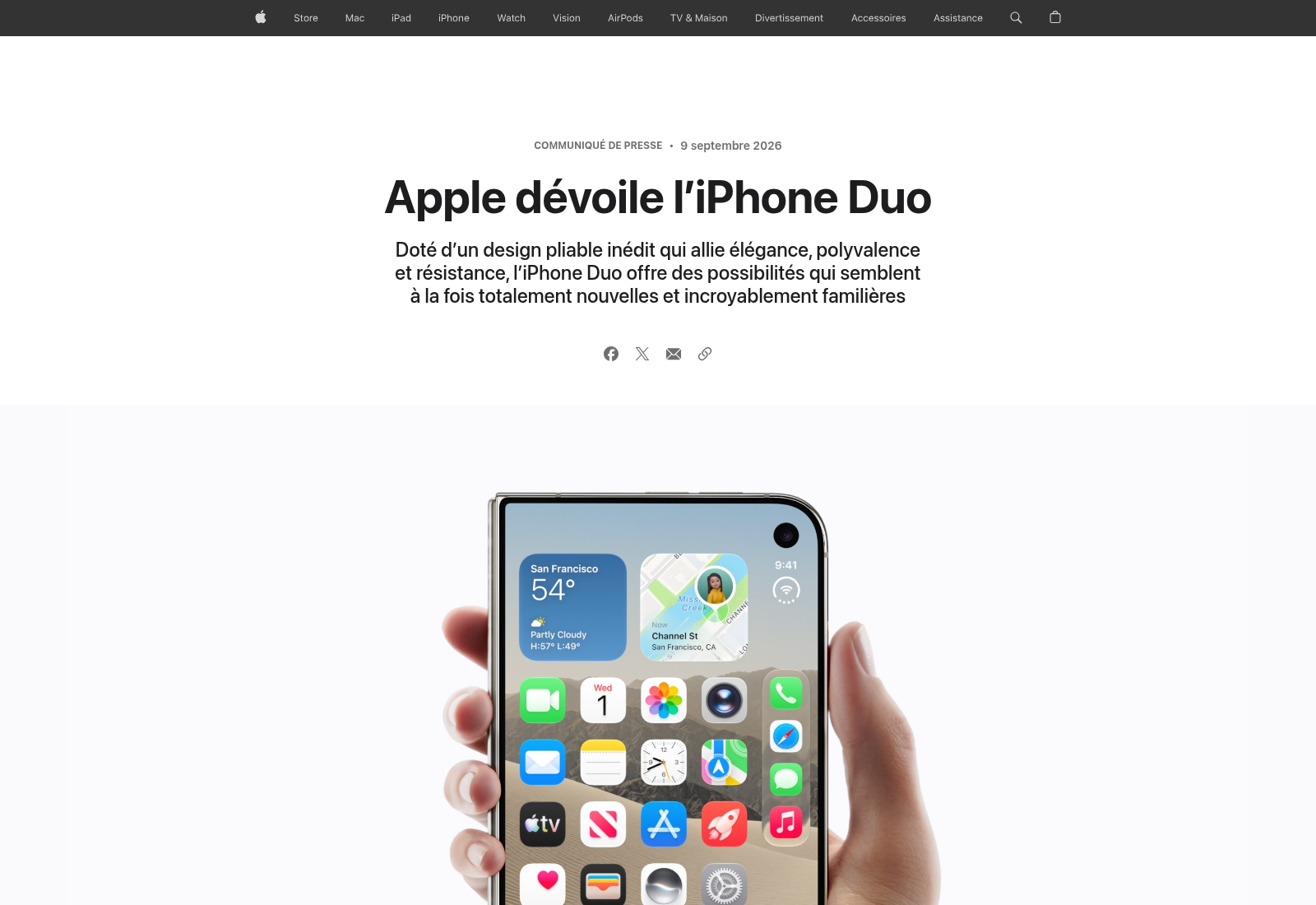 Le communiqué de presse d'Apple annonçant le nouveau modèle, avec les coloris blanc stellaire et ciel nocturne à l'écran.
