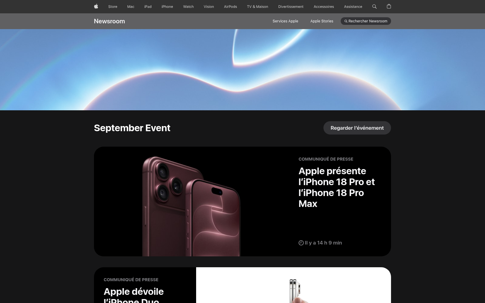 La page des annonces du 9 septembre sur le site d'Apple, listant les cinq communiqués de presse publiés le même jour.