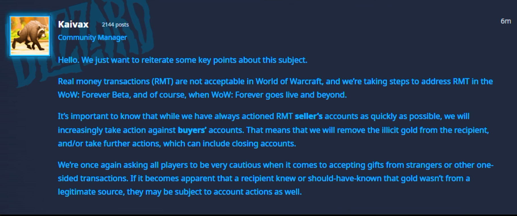 Capture du message de Kaivax sur le forum officiel de Blizzard : l'achat d'or WoW Forever est interdit dès la bêta, et les acheteurs pourront perdre leur compte