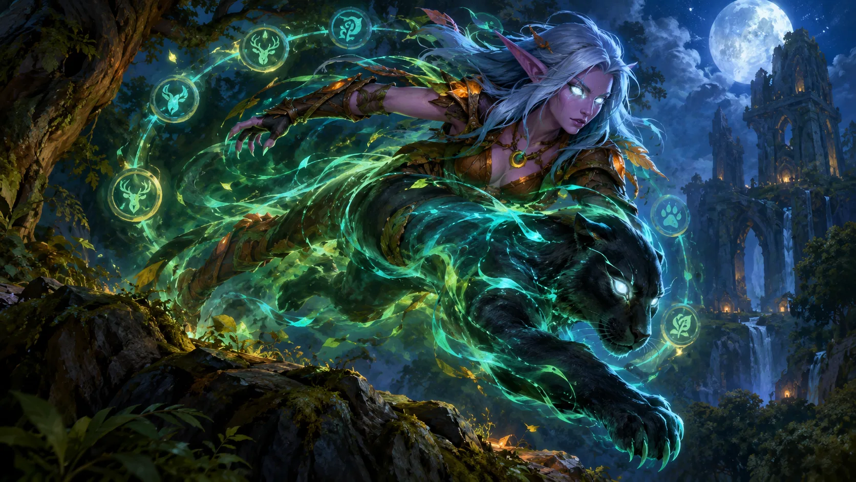 A night elf druid shifts into a panther within a halo of green light