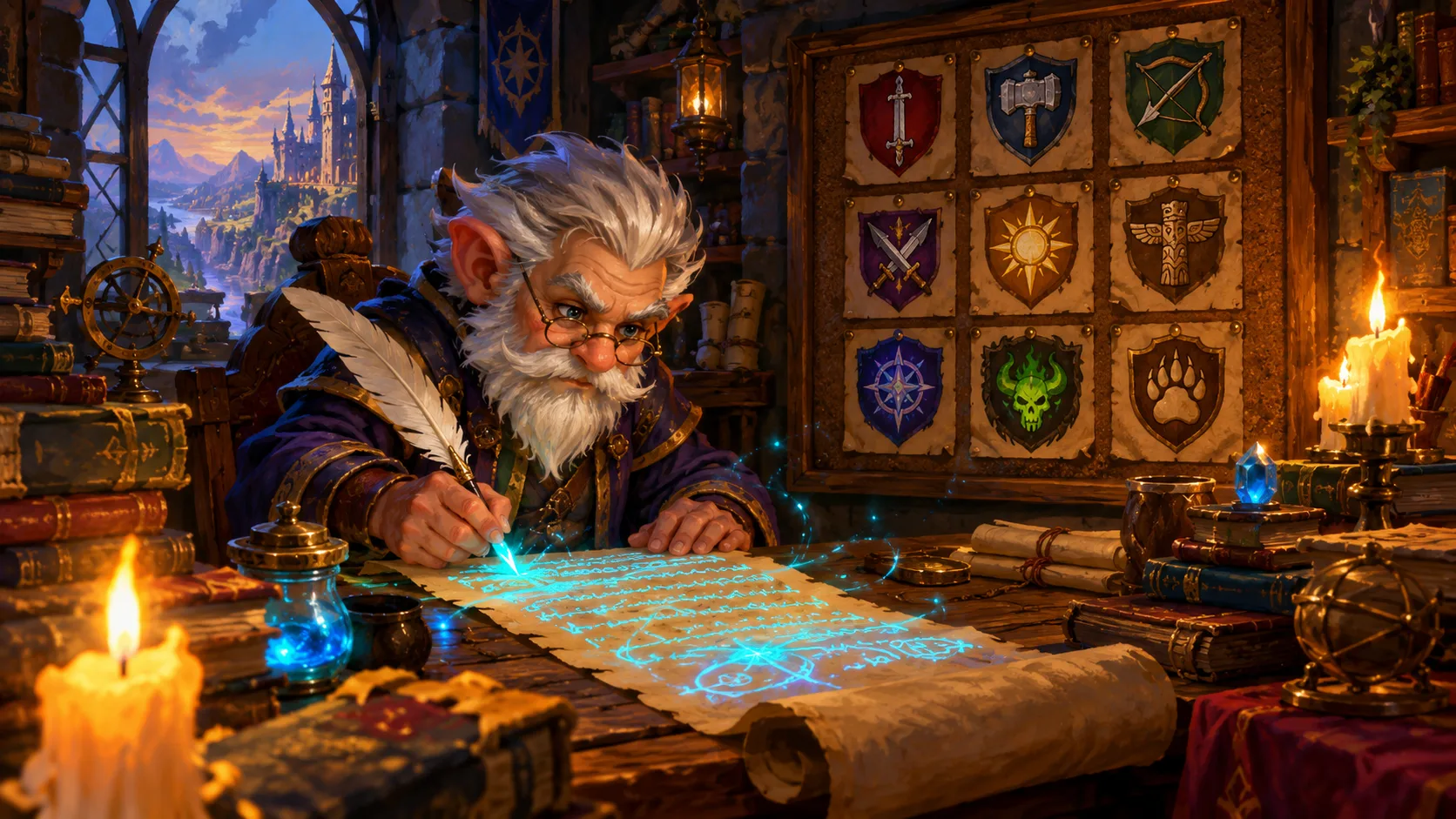 Un érudit gnome écrit sur un parchemin devant un mur couvert de blasons de classes