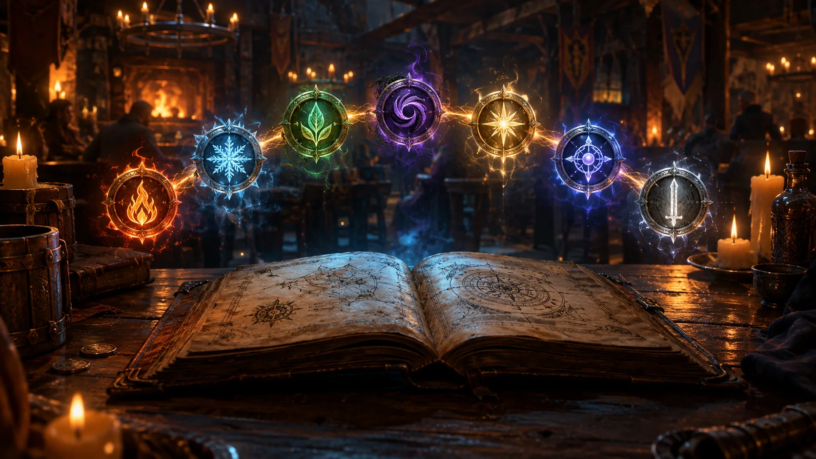 An open grimoire releasing a chain of seven glowing spell seals