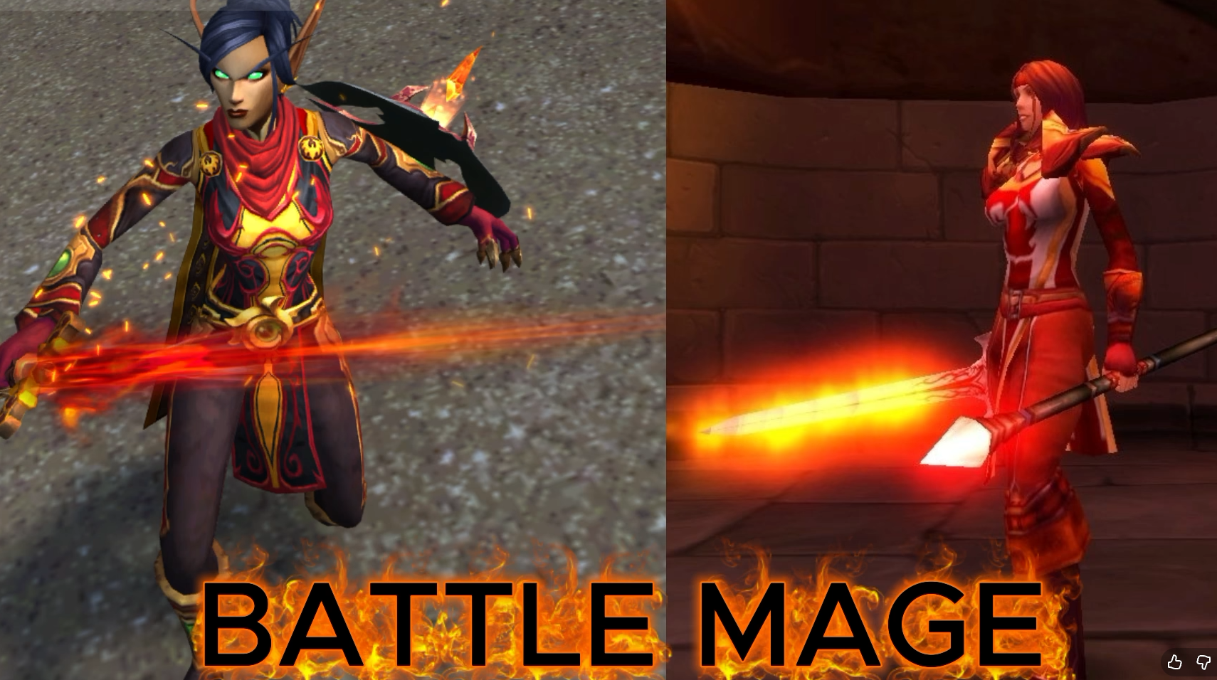 Deux mages en tenue rouge, une elfe de sang et une humaine, brandissant une lame et une lance enflammées sous le titre BATTLE MAGE, « mage de bataille » en anglais