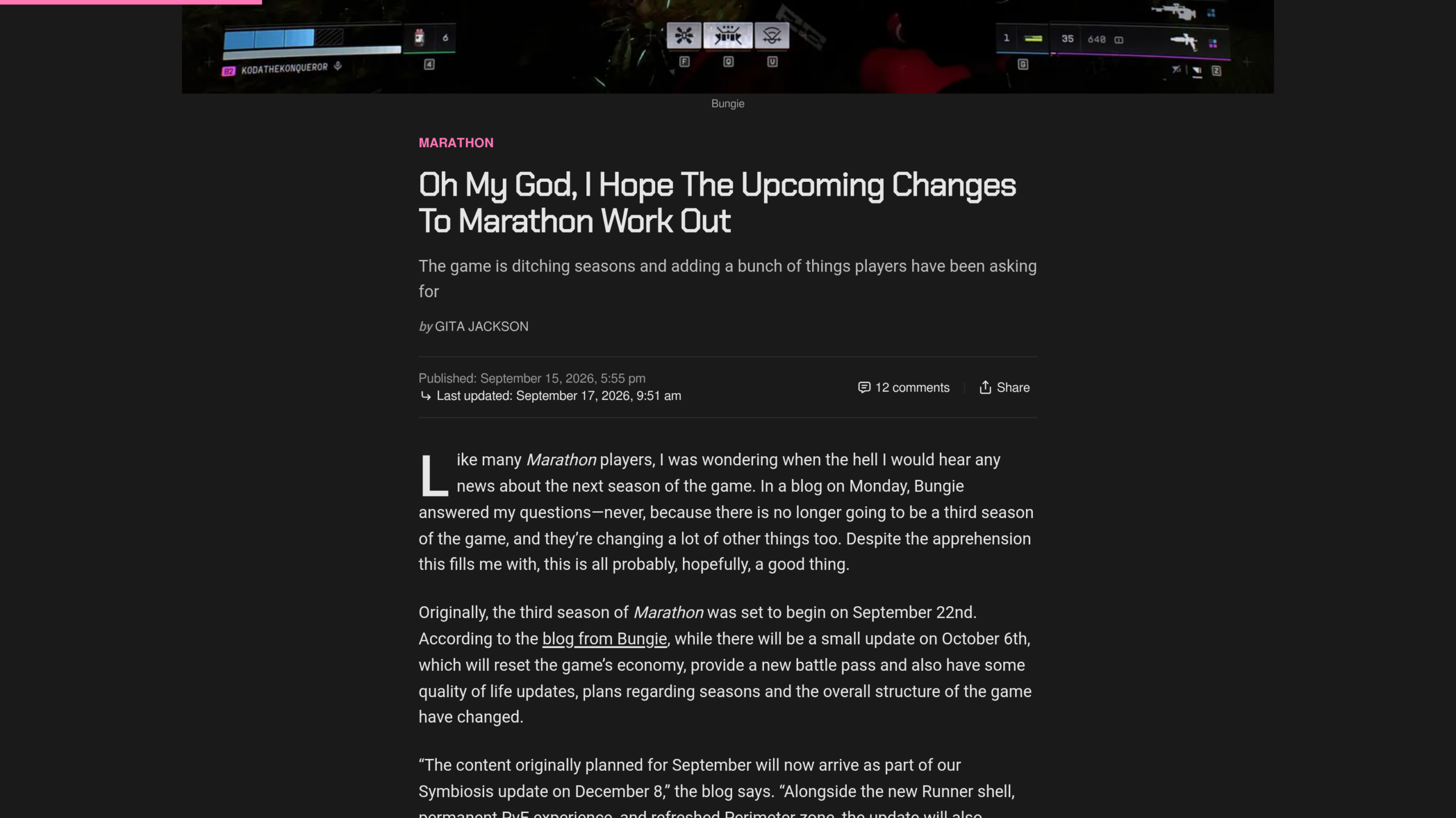 Article d'Aftermath du 15 septembre 2026, signé Gita Jackson, sur la fin du rythme des saisons chez Bungie