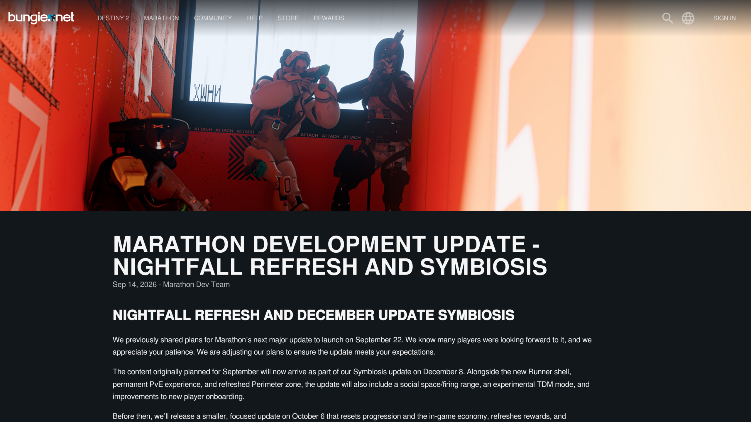 Billet Bungie.net du 14 septembre 2026 signé Marathon Dev Team, annonçant le report de la mise à jour Symbiosis au 8 décembre