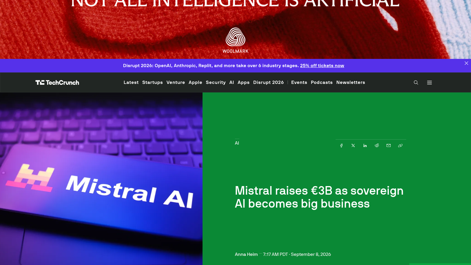 Article de TechCrunch signé Anna Heim sur la levée de fonds et la montée en puissance de l'IA souveraine.