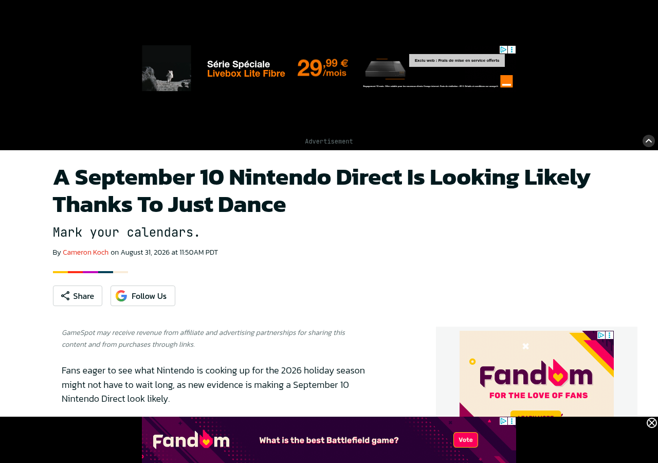 Une de l'article de GameSpot par Cameron Koch : A September 10 Nintendo Direct Is Looking Likely Thanks To Just Dance, sous-titre Mark your calendars