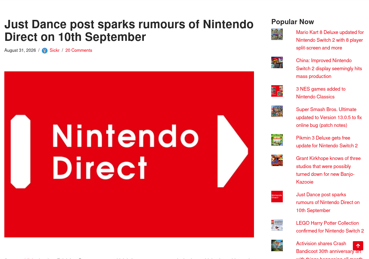 Une de l'article de My Nintendo News par Sickr : Just Dance post sparks rumours of Nintendo Direct on 10th September, avec le logo rouge Nintendo Direct