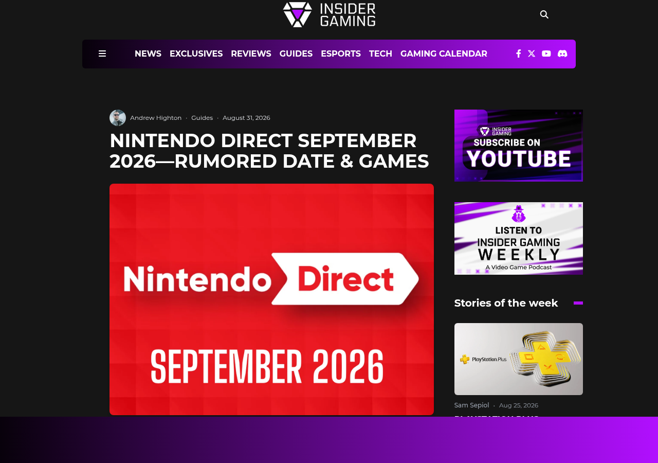 Une du guide d'Insider Gaming par Andrew Highton : Nintendo Direct September 2026, Rumored Date and Games, avec le visuel Nintendo Direct September 2026