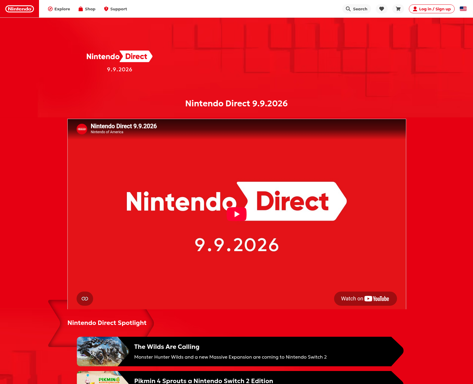 Bandeau du site officiel Nintendo annonçant le Direct du 9 septembre 2026, avec les premières fiches de jeux Switch 2.