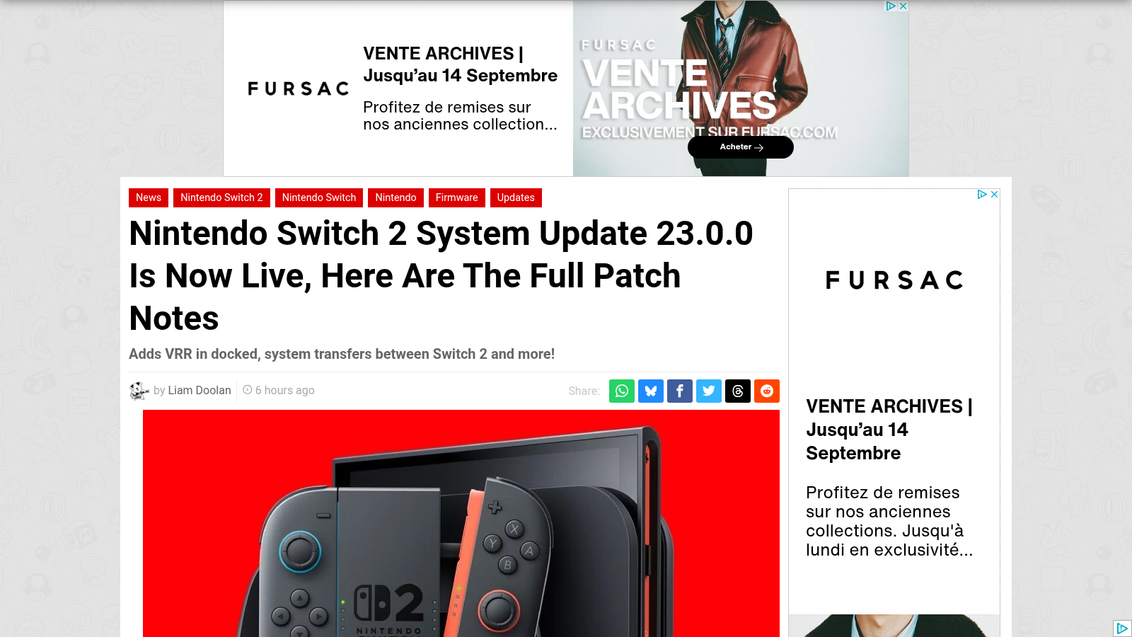 Notes de mise à jour du firmware Switch 2 version 23.0.0 publiées par Nintendo Life, avec la VRR en mode TV.