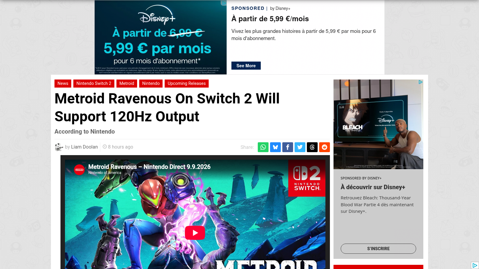 Article de Nintendo Life signé Liam Doolan annonçant que Metroid Ravenous prendra en charge le 120 Hz sur Switch 2.