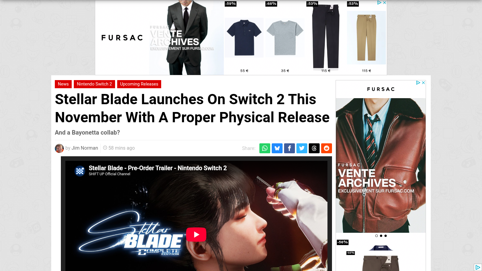 Article Nintendo Life sur la sortie de Stellar Blade Complete Edition sur Switch 2 avec sa version physique en boîte.
