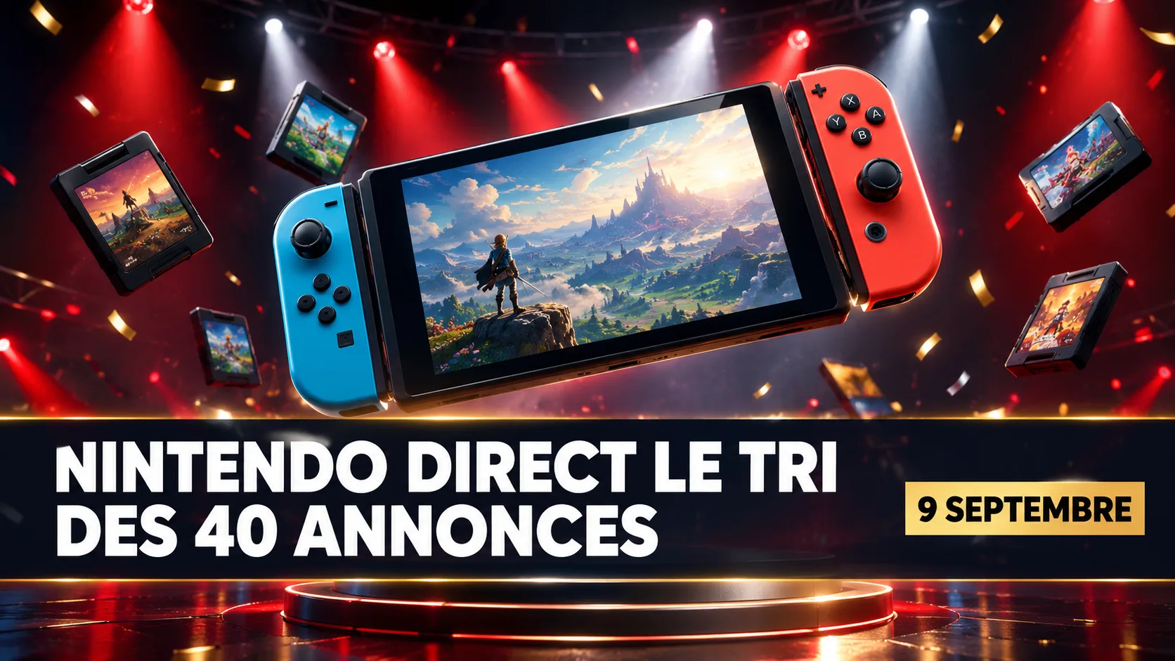 Nintendo Direct : Console Switch 2 en suspension au-dessus d'une scène aux projecteurs rouges, cartouches et confettis dorés autour, avec le texte « Nintendo Direct, le tri des 40 annonces, 9 septembre ».