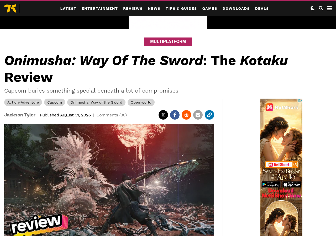 Kotaku's review by Jackson Tyler, subtitled Capcom buries something special beneath a lot of compromises, with a screenshot of Musashi mid-combat