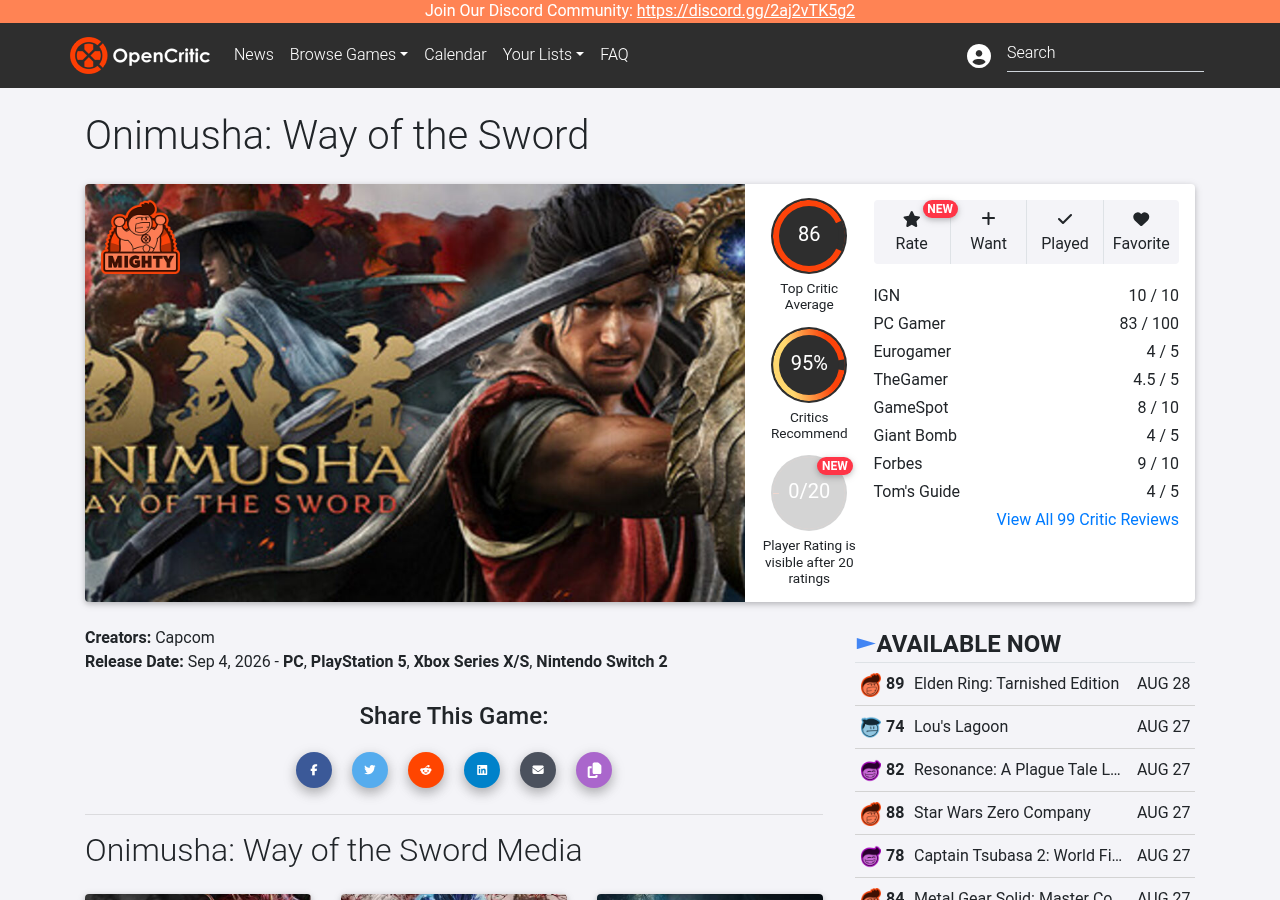 OpenCritic page for Onimusha: Way of the Sword: 86 average, 95% of critics recommend it, Mighty badge, IGN 10/10, PC Gamer 83, Eurogamer 4/5, GameSpot 8/10, Forbes 9/10