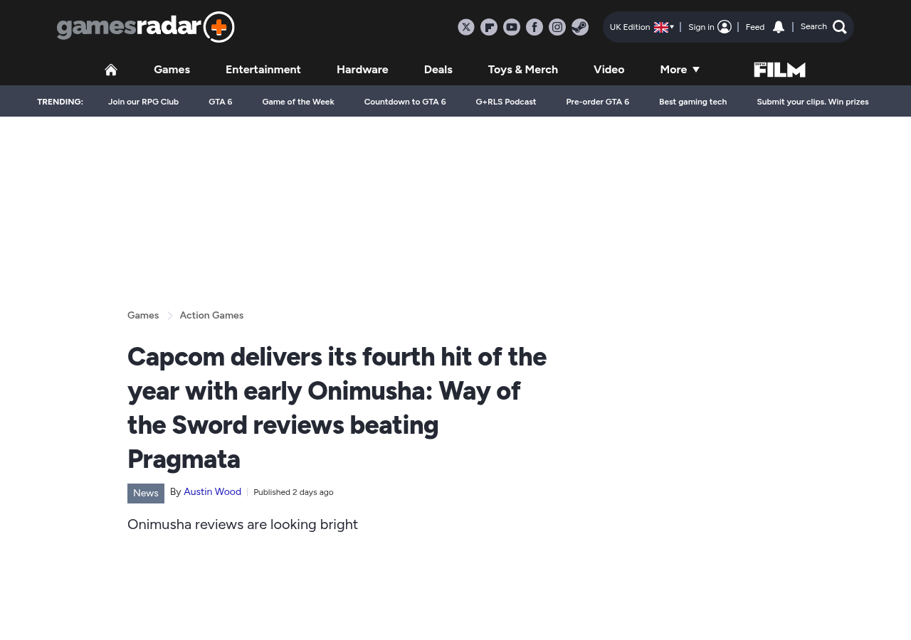 GamesRadar+ article header by Austin Wood: Capcom delivers its fourth hit of the year with early Onimusha: Way of the Sword reviews beating Pragmata