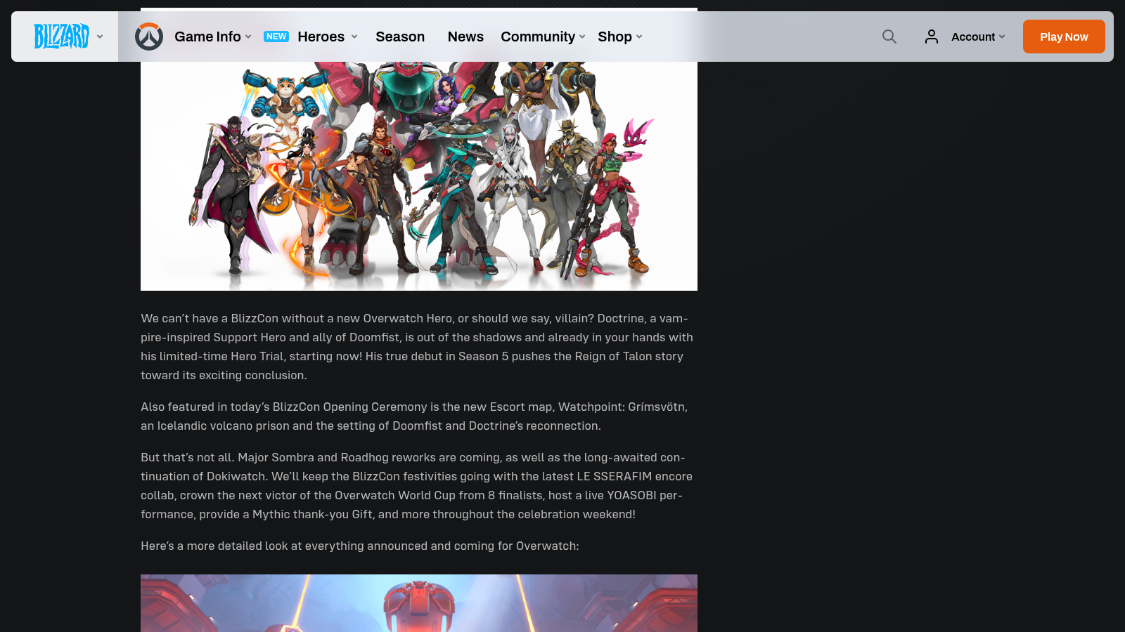 Key art Reign of Talon façon comics avec le casting des héros, accompagné du texte annonçant Doctrine et les reworks de Sombra et Roadhog.