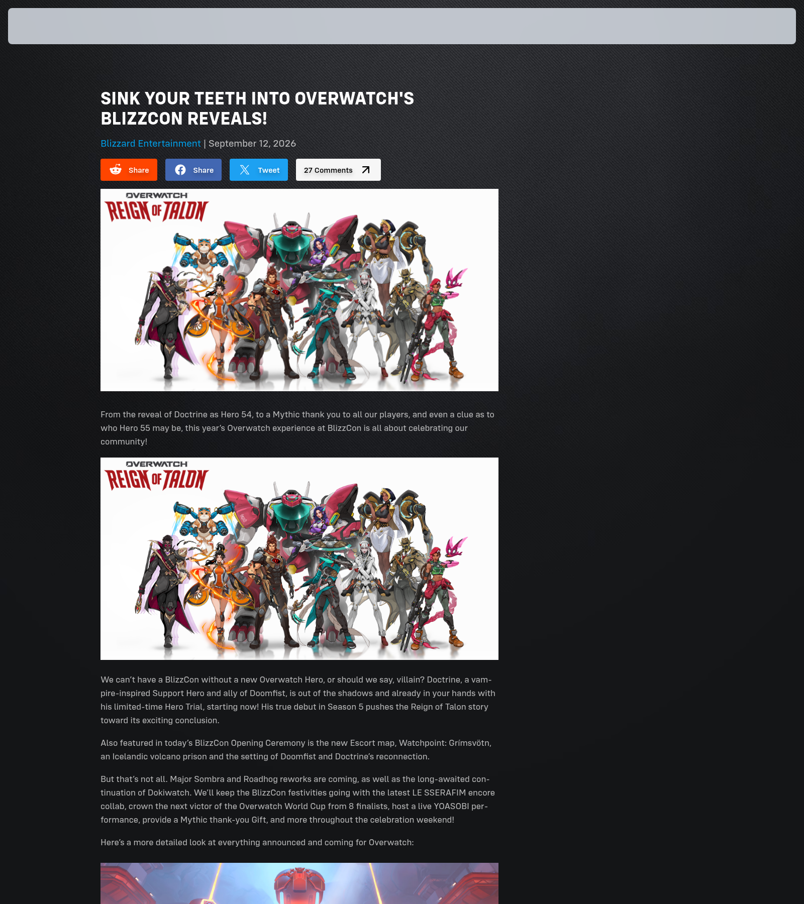 Page officielle Overwatch « Sink Your Teeth Into Overwatch's BlizzCon Reveals! » du 12 septembre 2026, avec les key art Reign of Talon, la carte Watchpoint: Grímsvötn et l'illustration de QuestWatch.