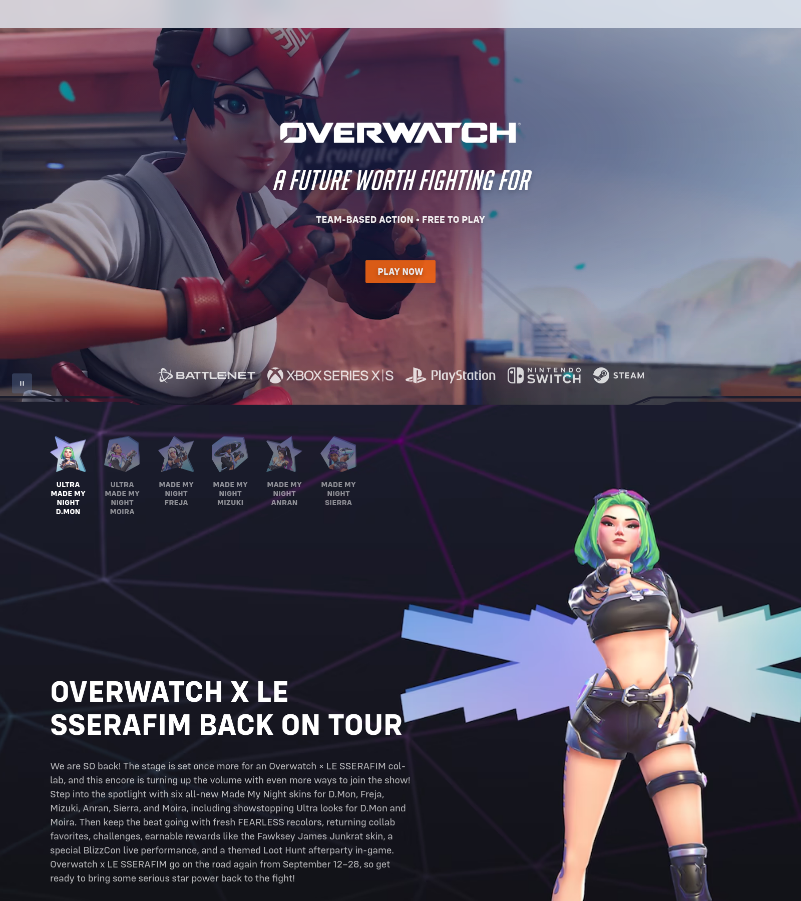 Page d'accueil du site officiel d'Overwatch avec son key art et les actualités de la BlizzCon datées de septembre 2026.