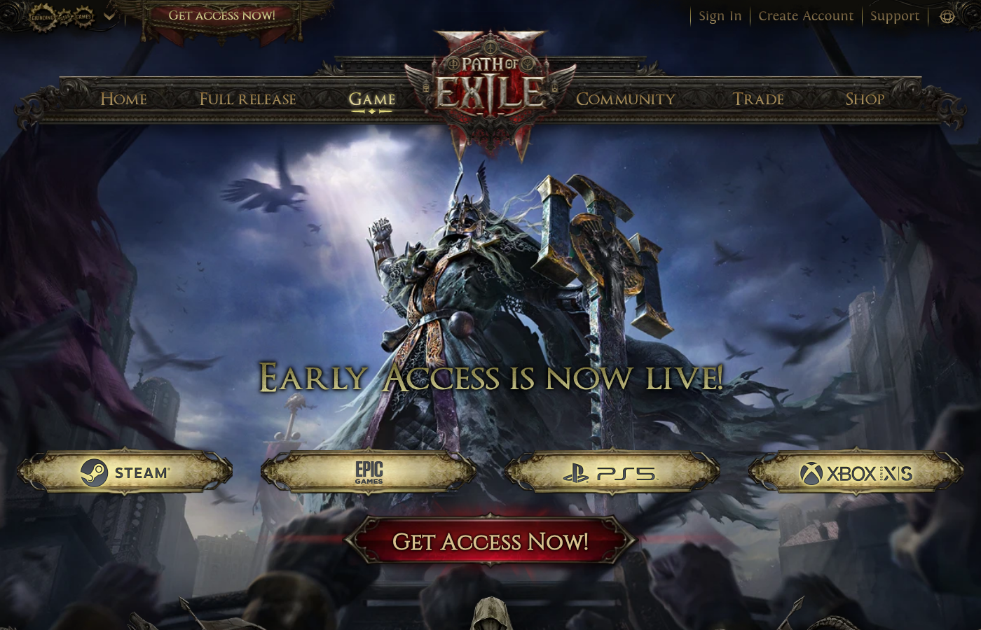 Page d'accueil de pathofexile2.com avec l'onglet Full release dans le menu, le bandeau Early Access is now live et les boutons Steam, Epic Games, PS5 et Xbox Series X|S
