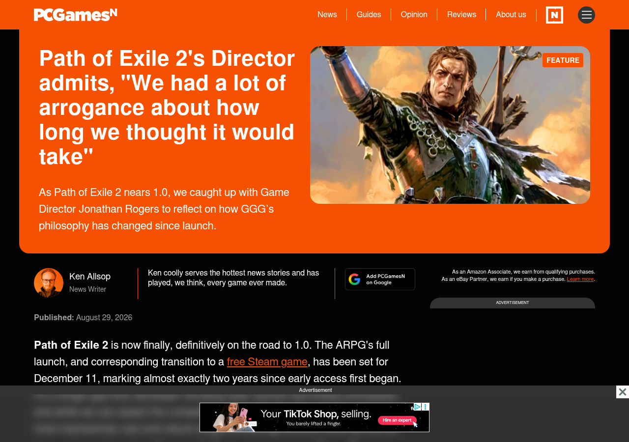 Une de l'interview PCGamesN de Jonathan Rogers par Ken Allsop, titrée We had a lot of arrogance about how long we thought it would take, avec un visuel de Ranger