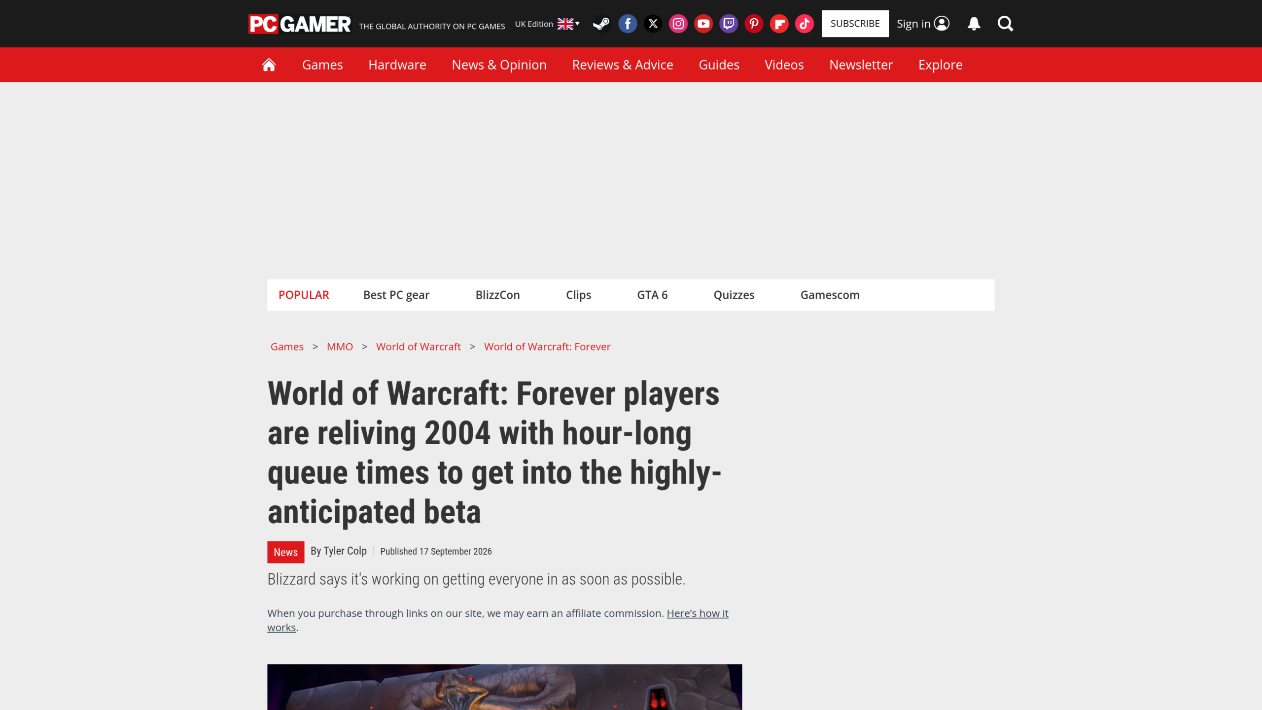Article PC Gamer de Tyler Colp, 17 septembre 2026, sur les files d'attente d'une heure pour entrer dans la bêta