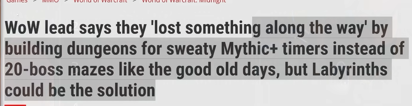 Capture d'écran du titre de l'article PC Gamer sur les donjons calibrés pour le Mythique+ et les futurs Labyrinthes de WoW Midnight.