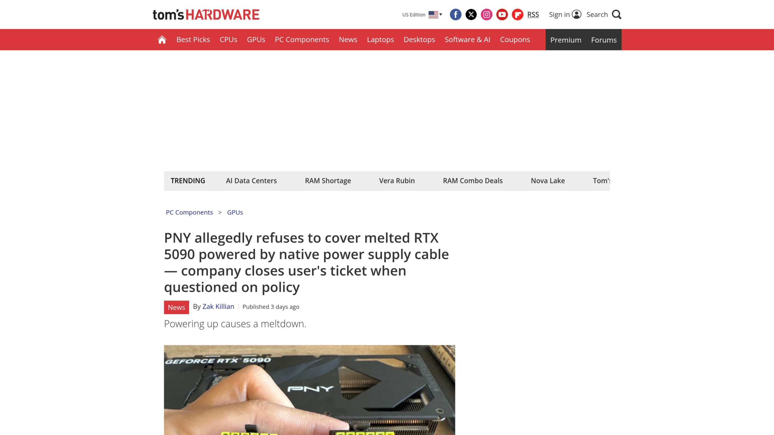 Titre de l'article Tom's Hardware sur le ticket de garantie PNY fermé après une seconde question