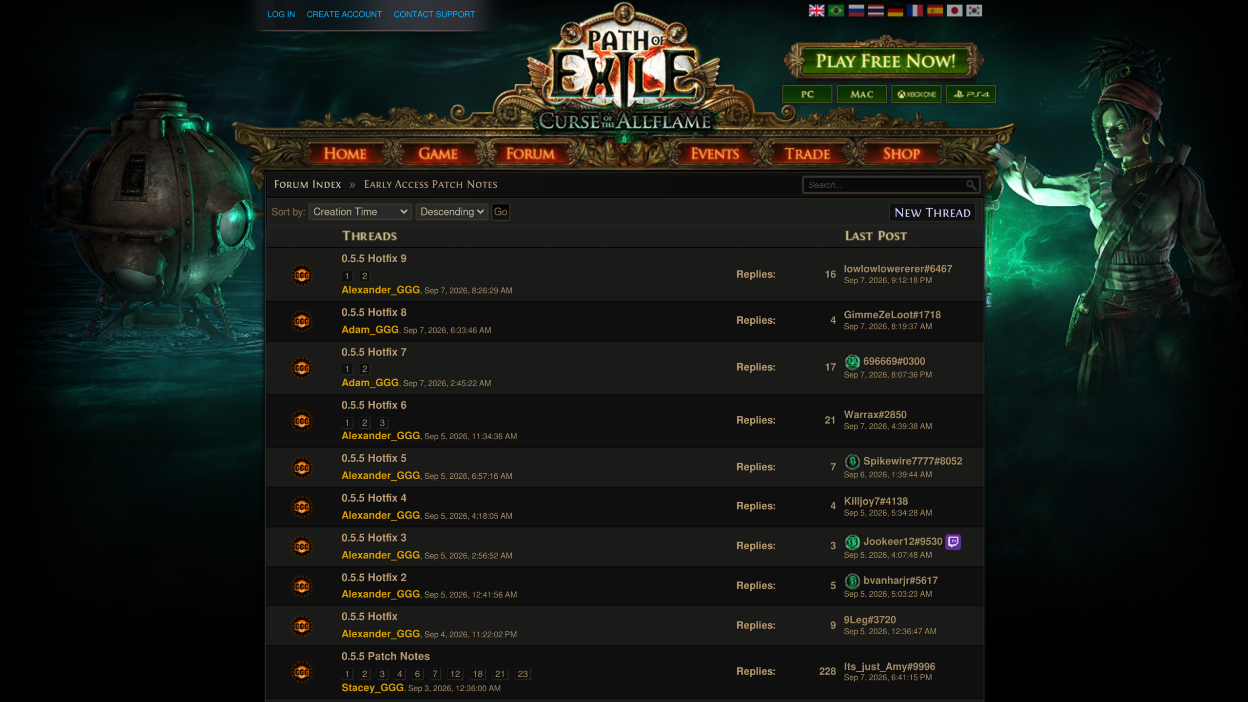 Liste des fils de discussion du forum officiel de Path of Exile, neuf correctifs empilés sous les notes du patch 0.5.5