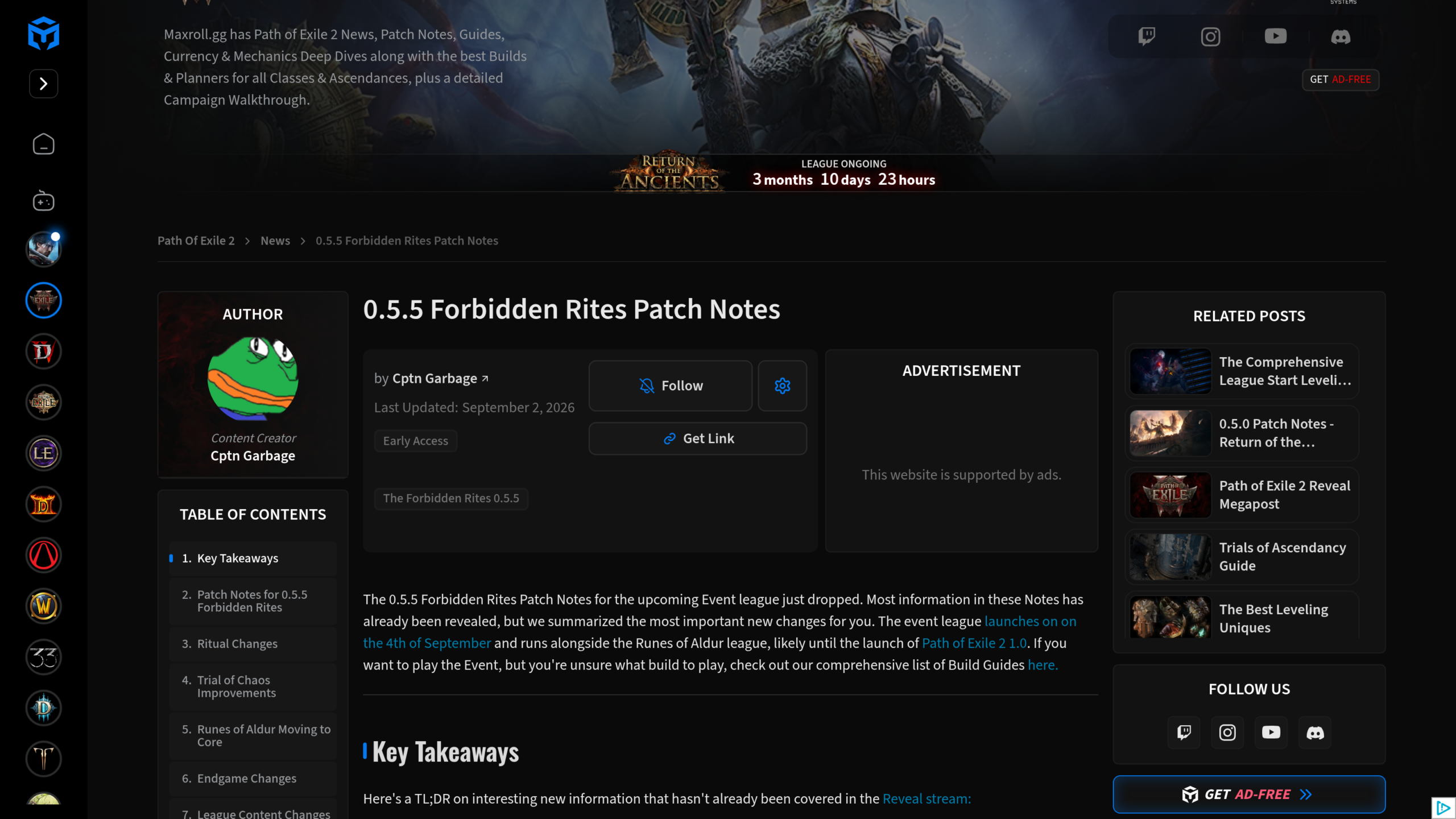 Page des notes du patch 0.5.5 sur Maxroll, avec son sommaire et sa date de mise à jour