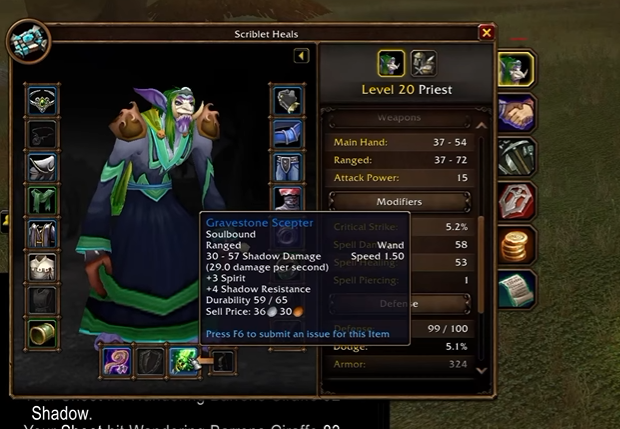 Fiche du personnage Scriblet Heals, prêtre de niveau 20, avec l'infobulle de la baguette Gravestone Scepter affichant 30 à 57 dégâts d'Ombre et 29 DPS