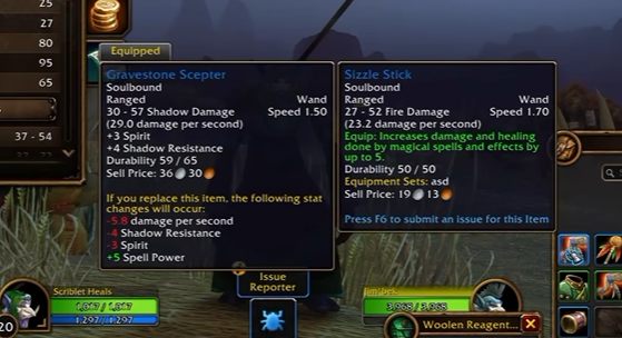 Comparaison en jeu entre le Gravestone Scepter équipé et le Sizzle Stick, avec les écarts de DPS et de puissance des sorts affichés par le jeu