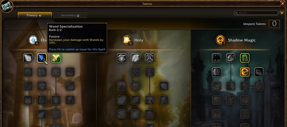 Fenêtre des talents du prêtre WoW Forever de Scriblet au niveau 20 : 4 points en Discipline avec Spécialisation Baguette au rang 2, 0 en Sacré, 7 en Magie de l'ombre
