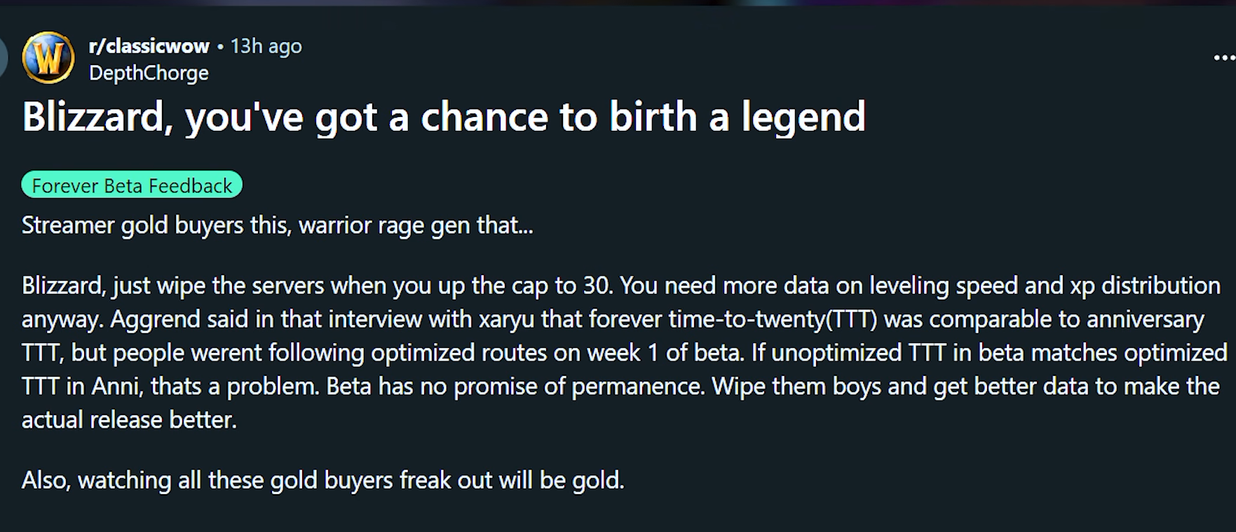 Capture du post Reddit de DepthChorge sur r/classicwow demandant un reset de la bêta WoW Forever au niveau 30