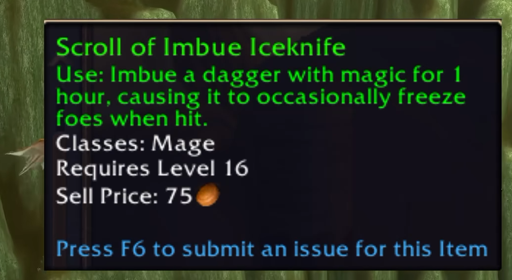 Infobulle du Scroll of Imbue Iceknife, parchemin qui imprègne une dague et gèle parfois la cible touchée pendant une heure.