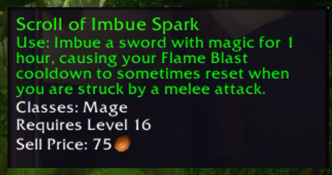 Fenêtre d'objet en jeu montrant le parchemin Scroll of Imbue Spark et sa description d'enchantement d'épée