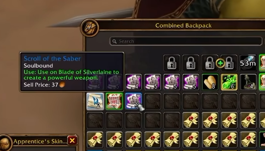 Le Scroll of the Saber dans le sac, au milieu des parchemins encore à déchiffrer