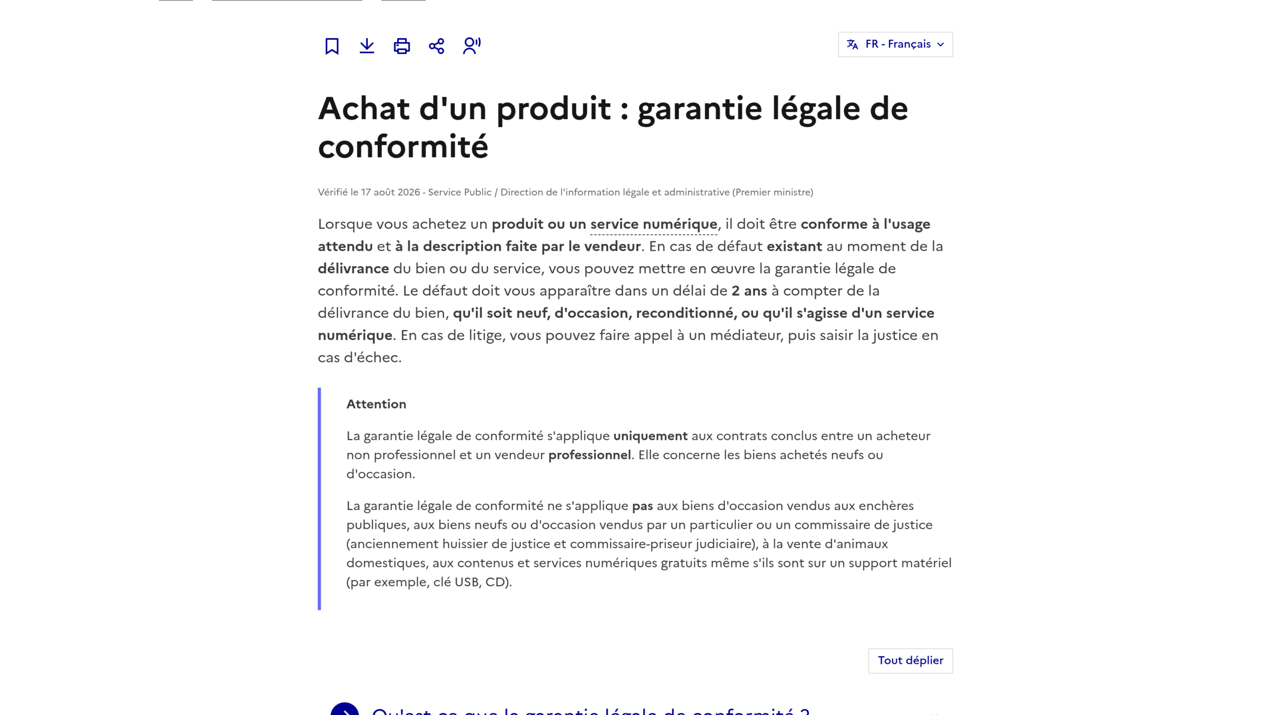 Fiche Service Public consacrée à la garantie légale de conformité d'un achat