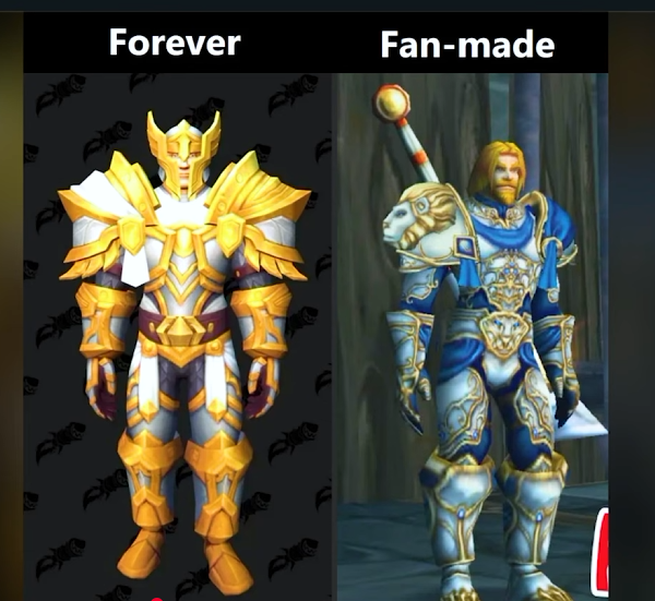 Comparaison Reddit entre le set de plaques officiel du paladin dans WoW Forever et une version imaginée par un fan avec un lion gravé sur l'épaule