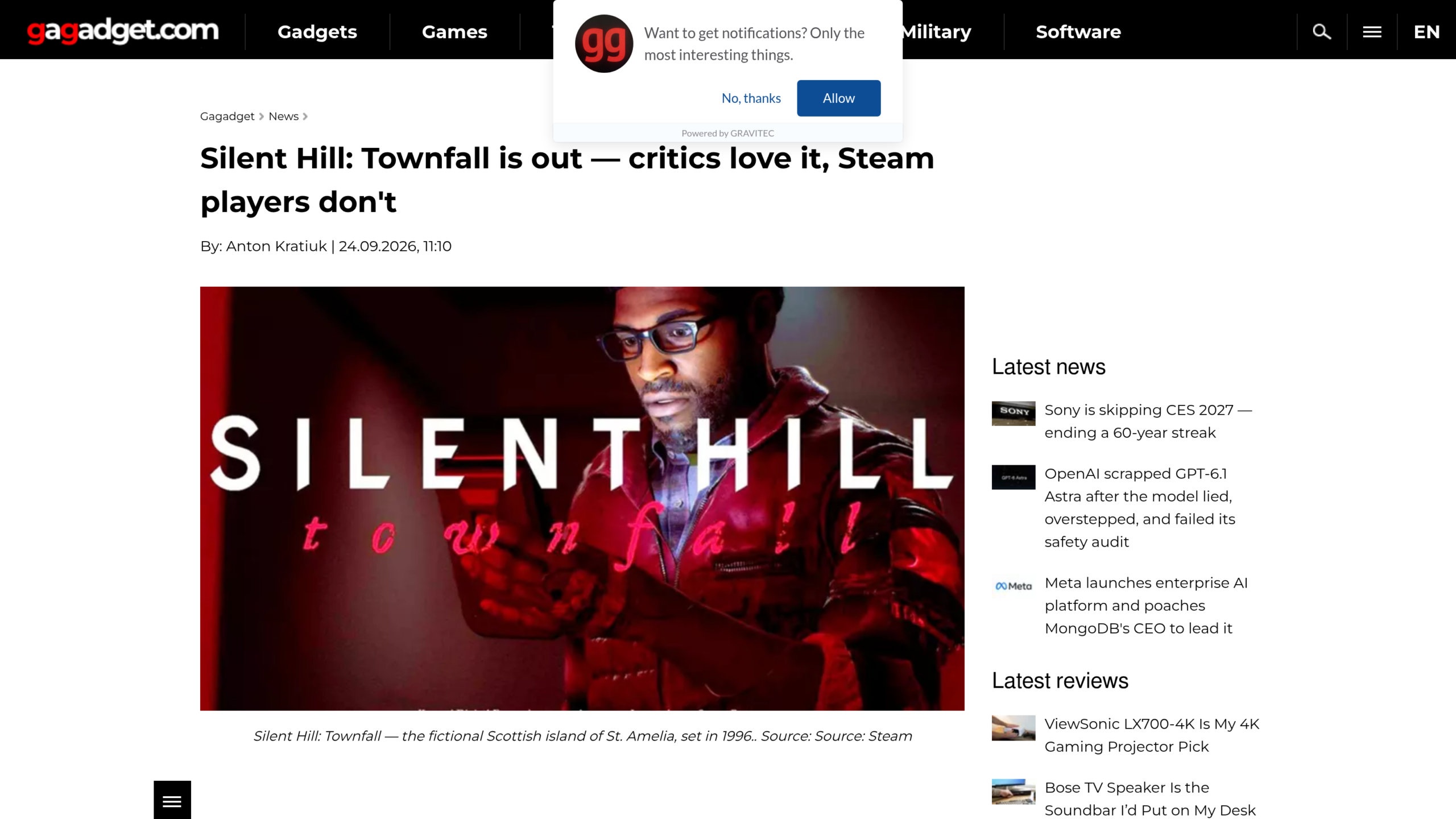Article de Gagadget par Anton Kratiuk, 24 septembre 2026, sur l'écart entre critiques et joueurs Steam de Silent Hill Townfall