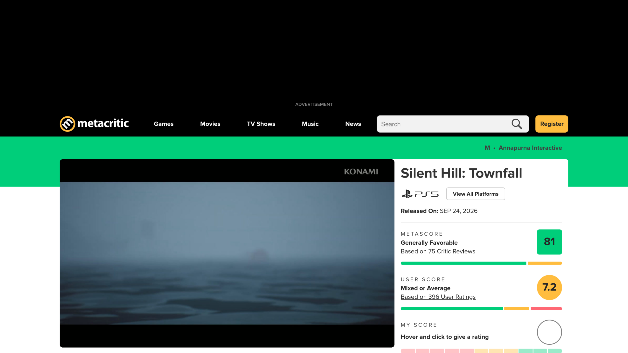 Capture Metacritic : Metascore 81 sur 75 critiques et note joueurs de 7,2 sur 396 votes pour Silent Hill Townfall