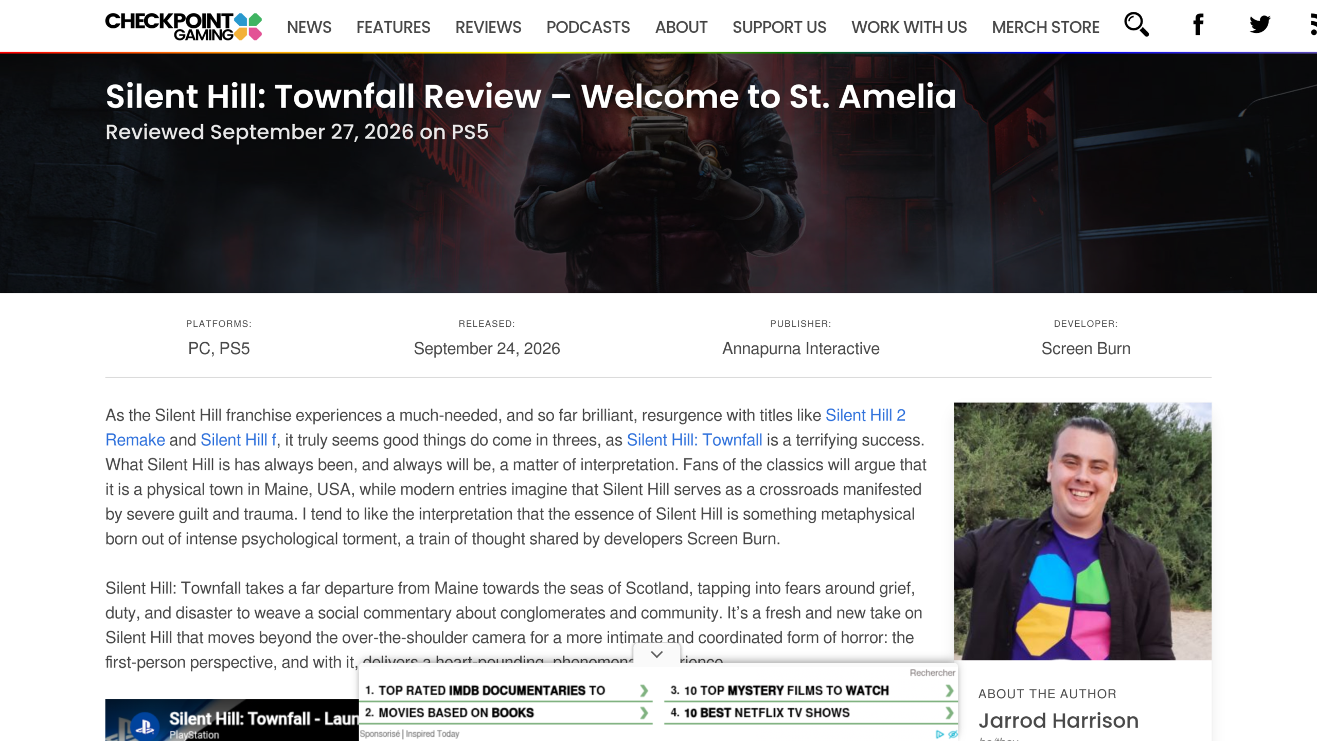 Test de Silent Hill Townfall par Jarrod Harrison sur Checkpoint Gaming, publié le 27 septembre 2026