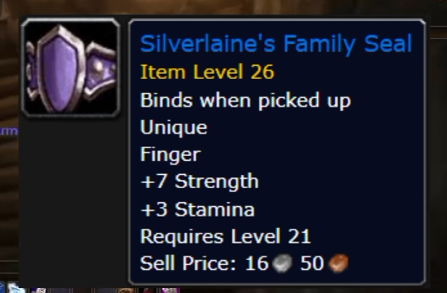 Infobulle de l'anneau Silverlaine's Family Seal, objet de niveau 26 avec 7 en Force et 3 en Endurance, niveau 21 requis.