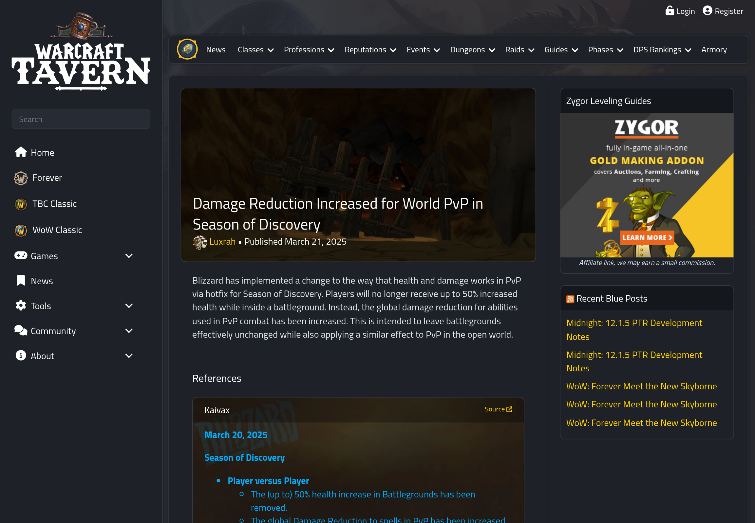 Article de Warcraft Tavern du 21 mars 2025 sur la hausse de la réduction de dégâts PvP en monde ouvert