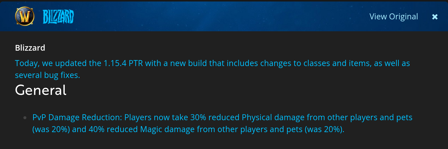 Note de patch Blizzard 1.15.4 : réduction de dégâts PvP portée à 30 % physique et 40 % magique