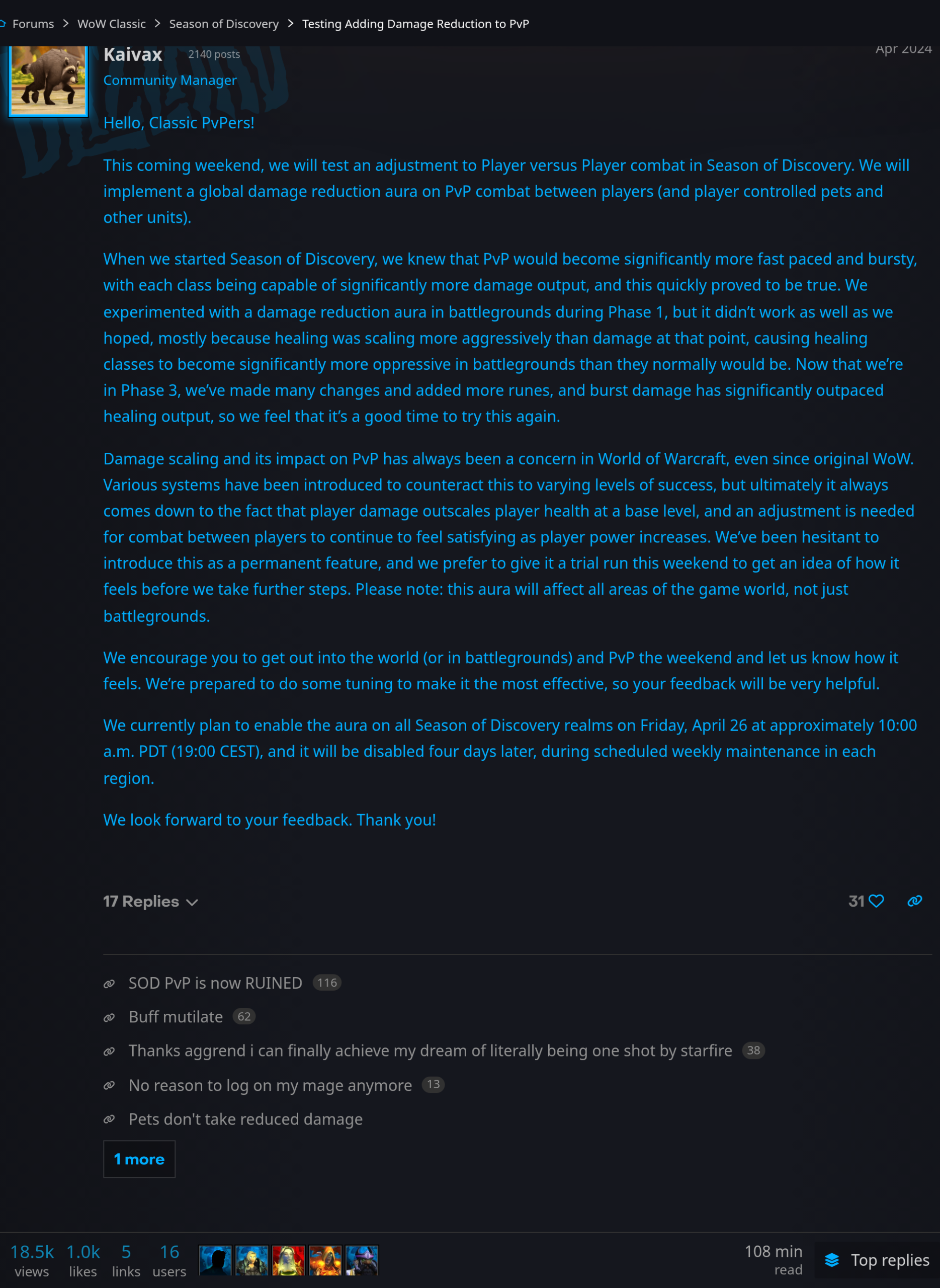 Message de Kaivax sur le forum Blizzard annonçant le test d'une aura de réduction de dégâts en PvP sur Season of Discovery