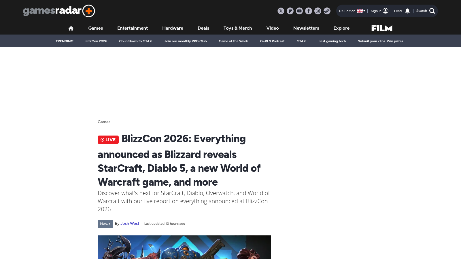 Article GamesRadar+ en direct « BlizzCon 2026: Everything announced as Blizzard reveals StarCraft, Diablo 5, a new World of Warcraft game, and more », par Josh West.