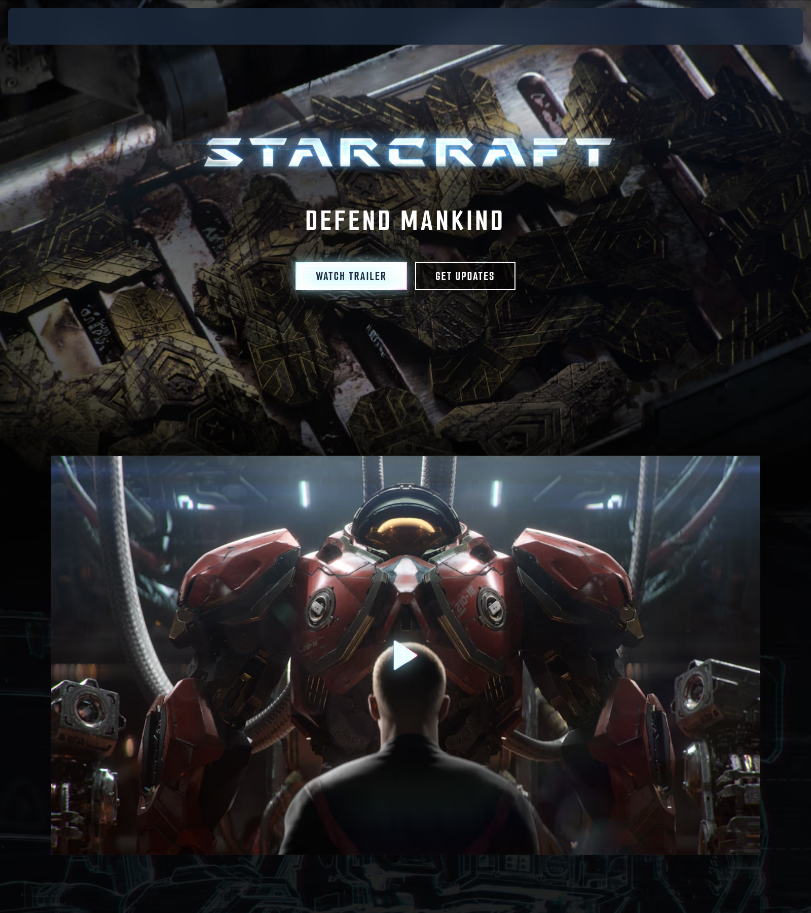 Page d'accueil du site officiel StarCraft avec son key art et les accroches « Defend Mankind » et « The sons and daughters of the Dominion ».